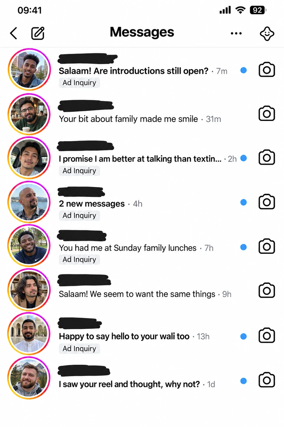 Illustrative inbox with eight unique Muslim men, colorful story rings, and lighthearted introductions