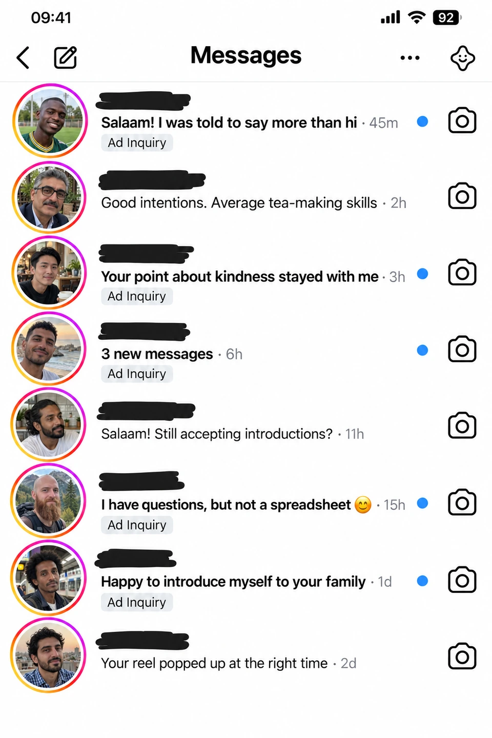 Illustrative Muslim marriage inbox with distinct profiles, Instagram story rings, and lighthearted, respectful messages