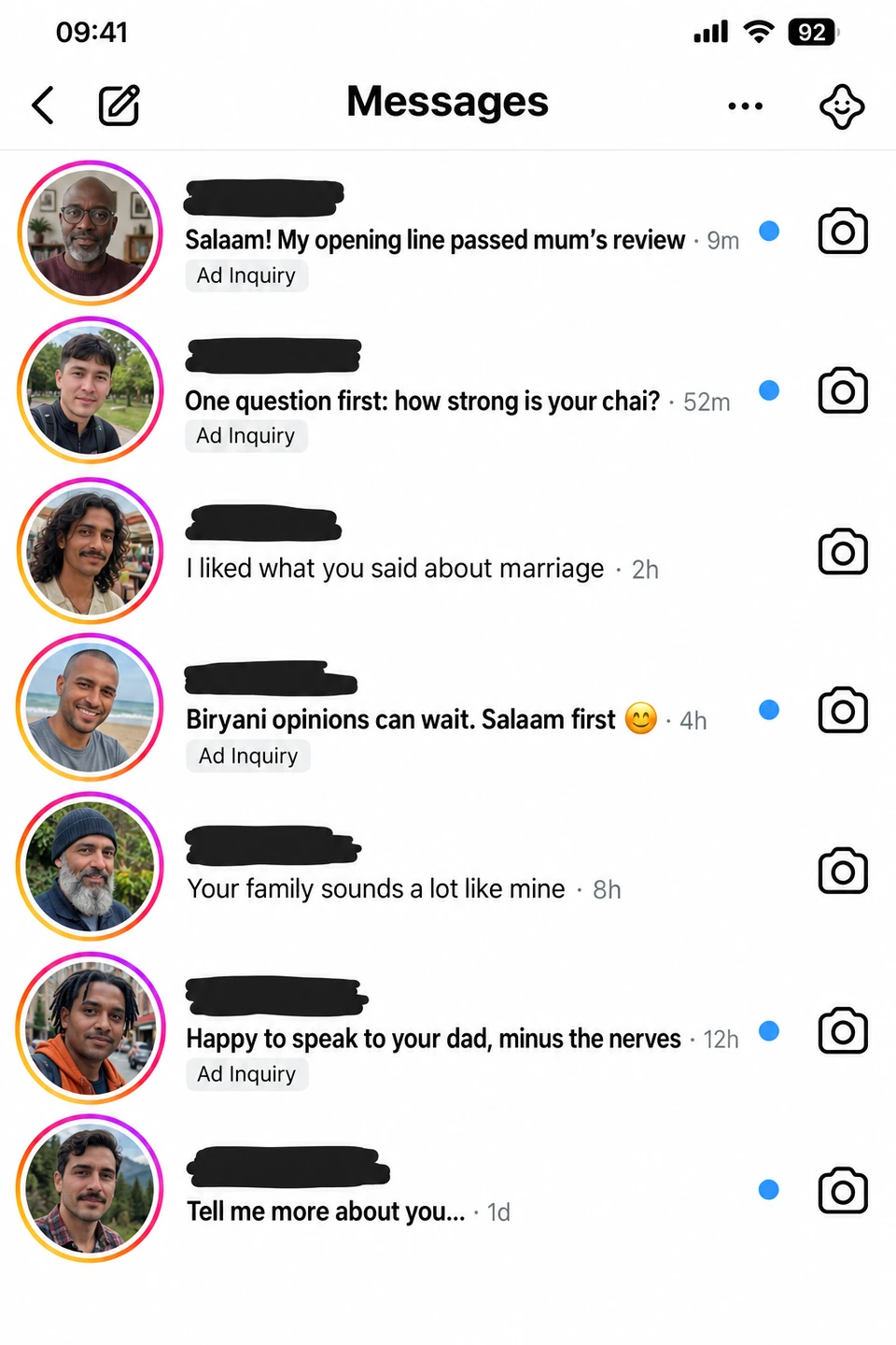 Illustrative inbox with seven different Muslim men, Instagram story rings, and gentle icebreakers