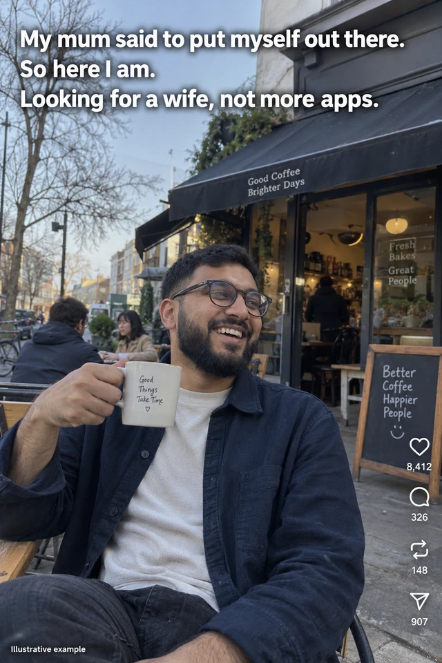 Illustrative Muslim man seeking a wife, with a witty introduction and example engagement figures