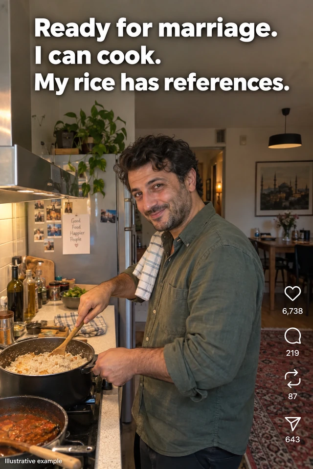 Illustrative Muslim man cooking, with a lighthearted marriage caption and example engagement figures