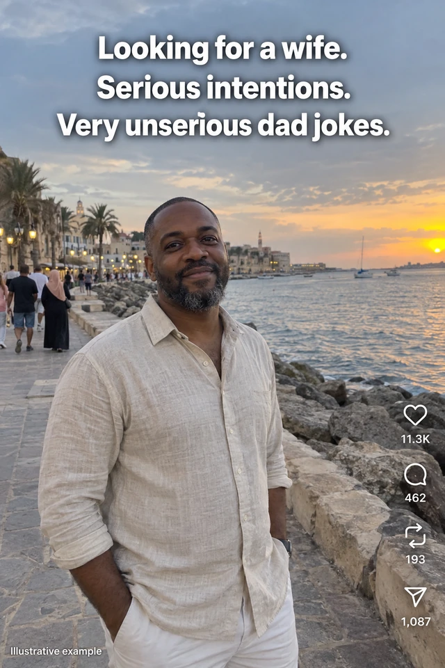 Illustrative Muslim man by the sea, seeking a wife with a dad-joke caption and example engagement figures