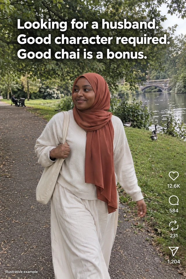 Illustrative Muslim woman in hijab seeking a husband, with a chai-themed caption and example engagement figures