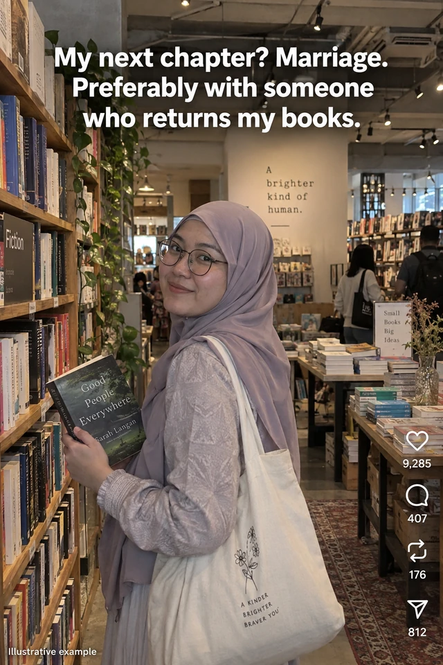 Illustrative Muslim woman in a bookstore, with a marriage-themed caption and example engagement figures