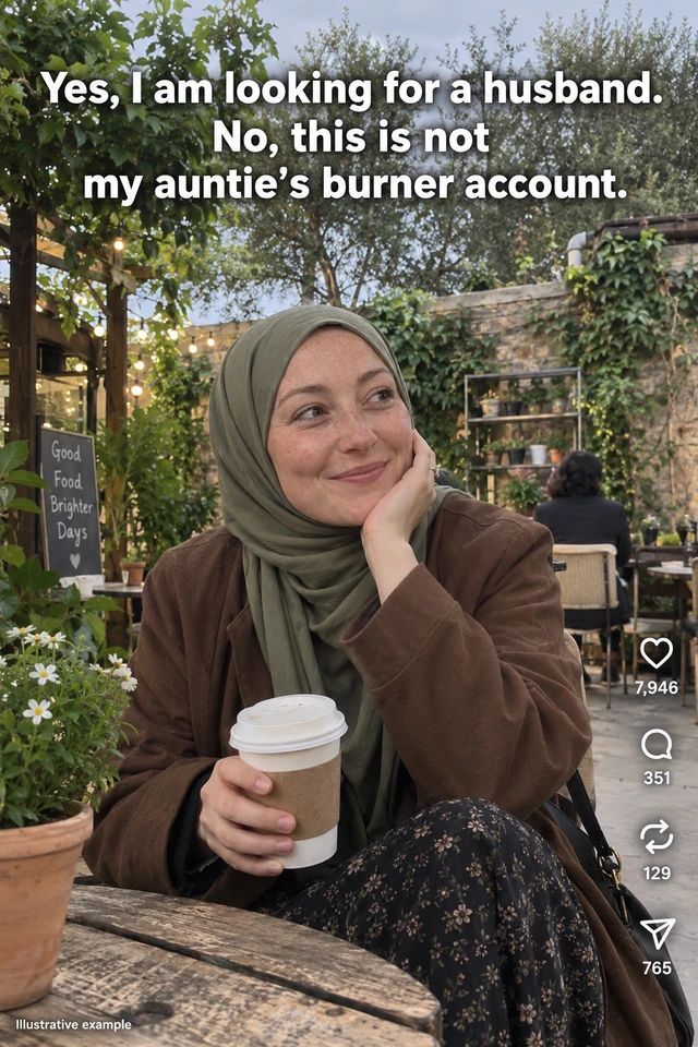 Illustrative Muslim woman in hijab at a cafe, with a witty spouse-search caption and example engagement figures