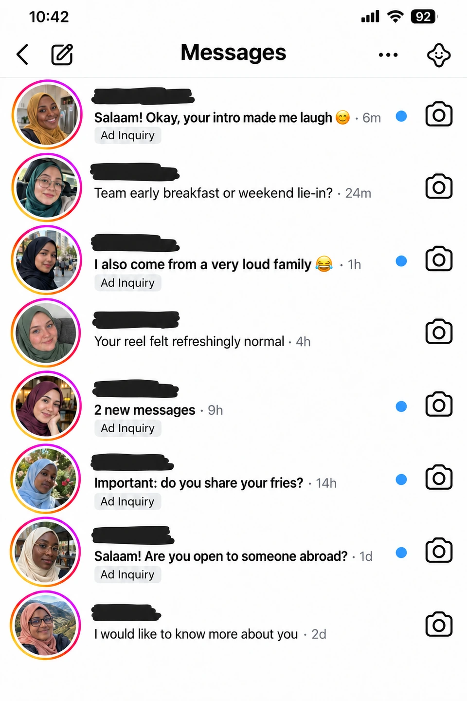 Illustrative inbox with eight distinct women in hijab, Instagram story rings, and warm marriage-minded icebreakers