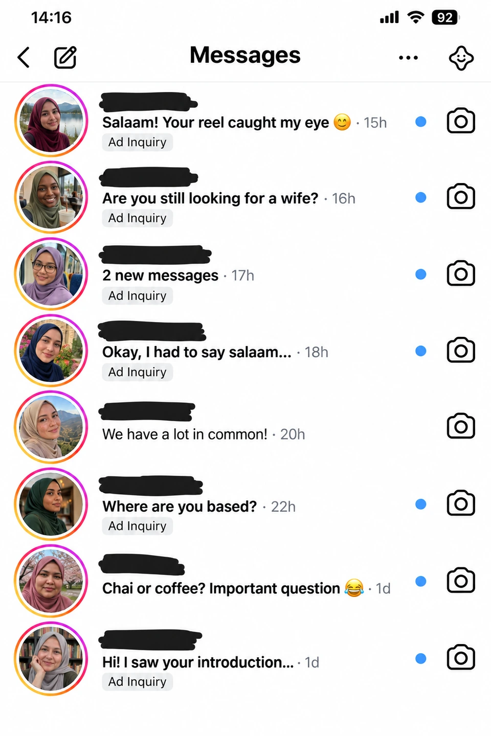 Illustrative Muslim women’s inbox with eight distinct hijabi profiles, Instagram story rings, and friendly marriage introductions